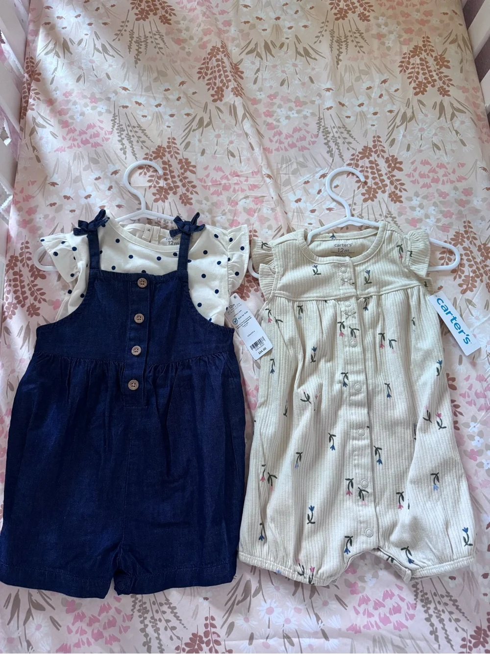 NWT 2 Carter's Navy Denim Romper and Cream Floral Print Romper